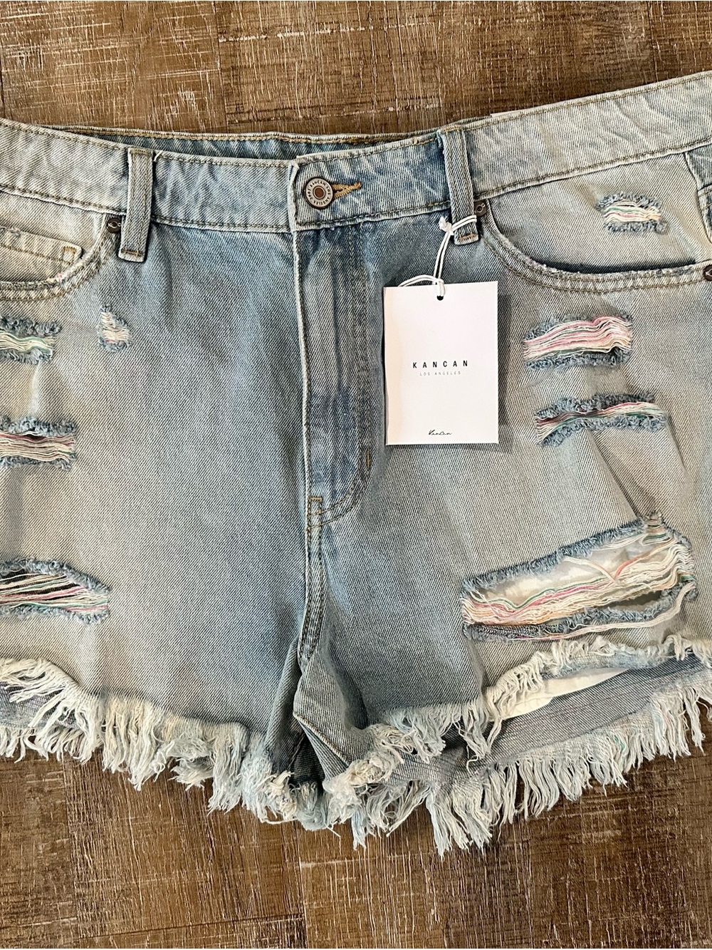KanCan Light Blue Distressed Denim Shorts with Colorful Thread Accents